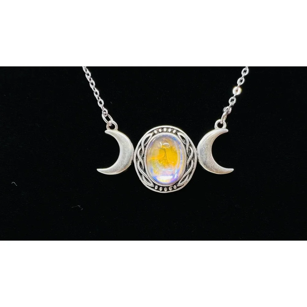 Sterling Silver Triple Moon Goddess Necklace Moonstone Celestial Wiccan Jewelry